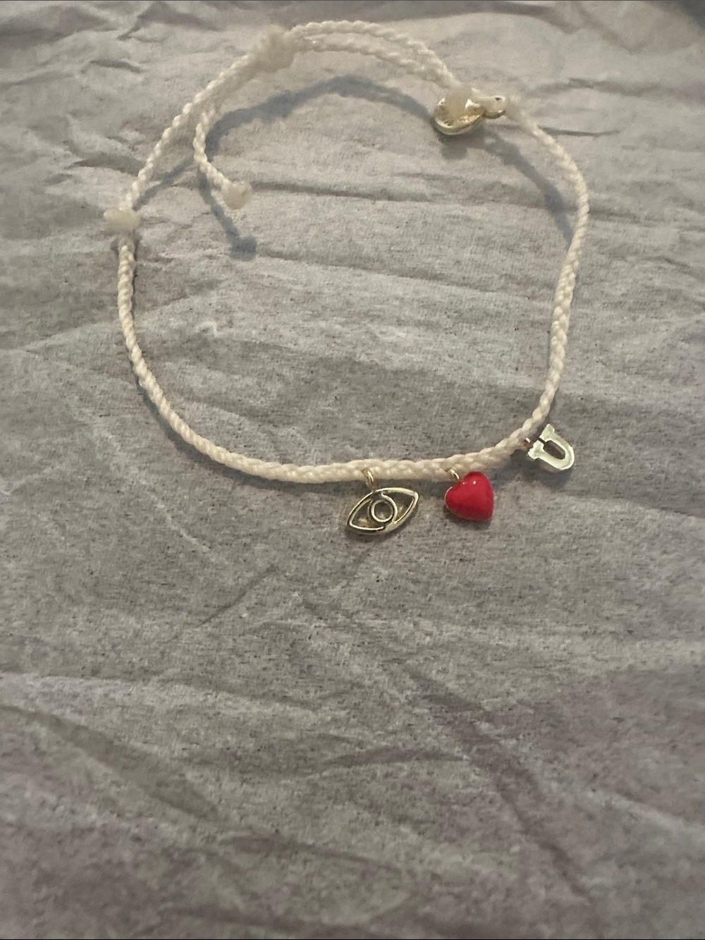 NWOT White Braided Bracelet Red Heart & Gold Eye and “u” Charms “I Love You”